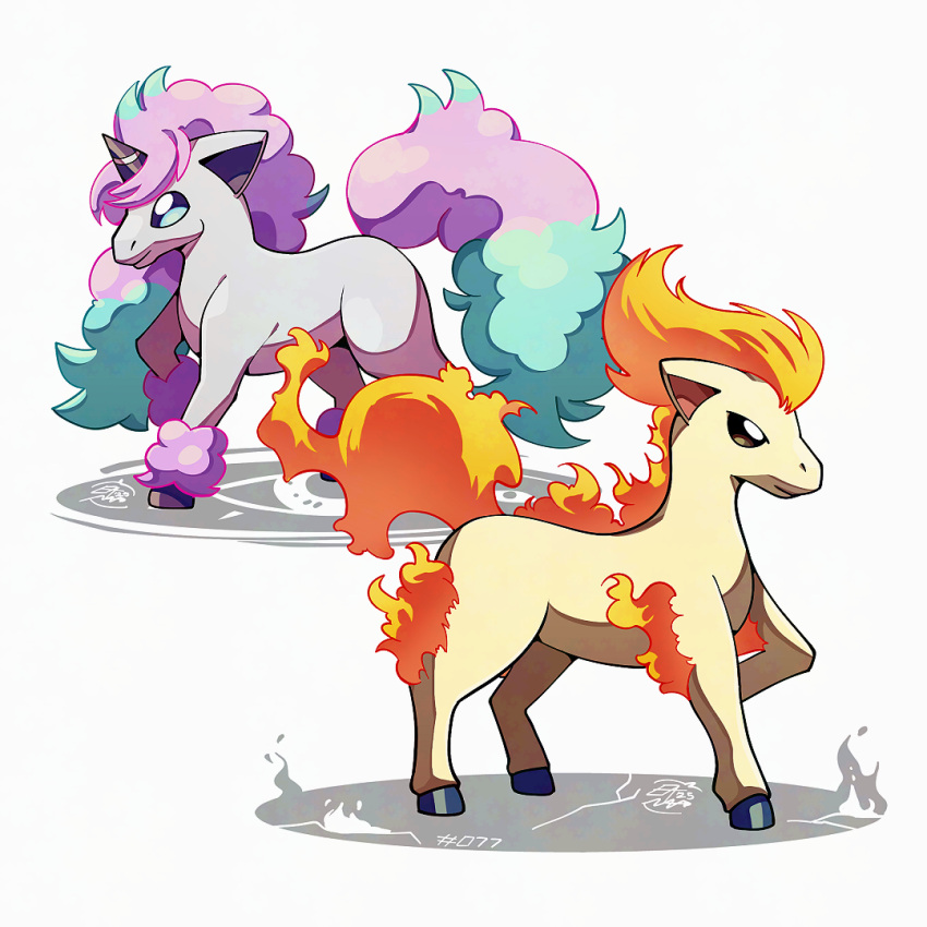 blue_hair, fire, from_side, full_body, galarian_ponyta, hooves, horns, mistray-art, multicolored_hair, no_humans, numbered, pink_hair, pokemon, pokemon_(creature), pony_(animal), ponyta, shirt, signature, simple_background, single_horn, tail, two-tone_hair, unicorn, white_background, white_fur, white_shirt