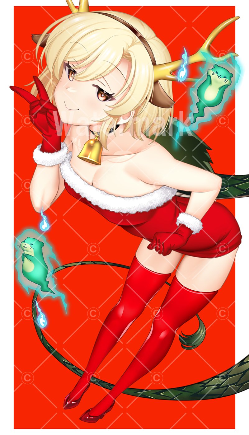 1girl, antlers, blonde_hair, breasts, christmas, dragon_girl, dragon_horns, dragon_tail