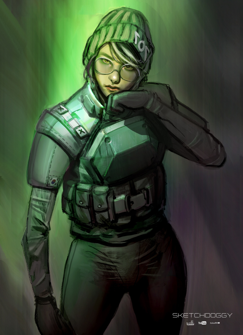 1girl, beanie, body_armor, brown_eyes, cowboy_shot, dokkaebi_(rainbow_six_siege), glasses, hand_up, hat, highres, logo, multicolored_hair, pouch, powda, rainbow_six_siege, round_eyewear, solo, south_korean_flag, tactical_clothes, twitch_logo, youtube_logo