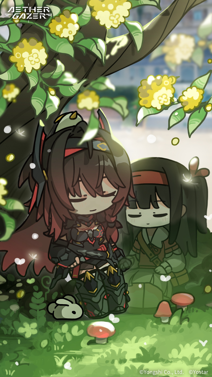 2girls, aether_gazer, armor, artist_request, black_armor, black_hair, brown_hair, character_request