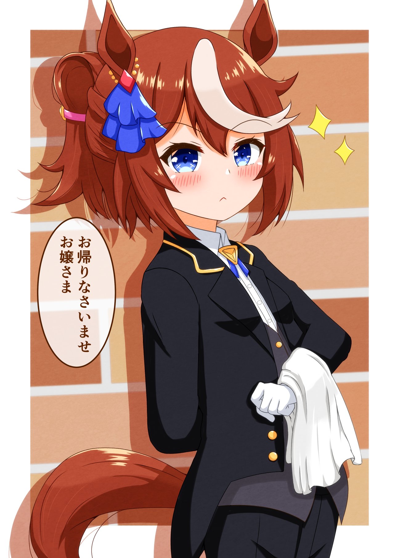 animal_ears, azuma_satsuki, bow, ear_bow, ear_ornament, ear_ribbon, high_ponytail, highres, horse_ears, horse_girl, horse_tail, multicolored_hair, ponytail, streaked_hair, tail, tokai_teio_(umamusume), two-tone_hair, umamusume