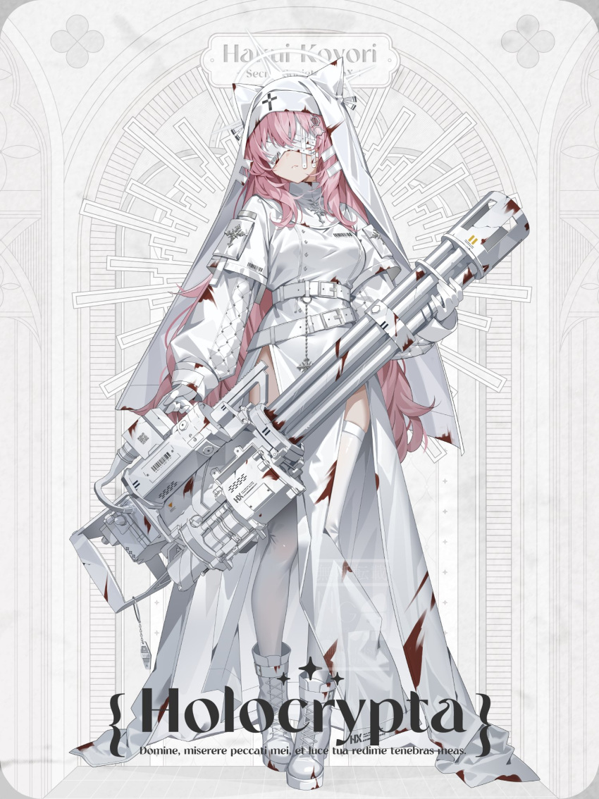 1girl, animal_ears, blindfold, blood, blood_on_clothes, blood_on_gun, boots, character_name