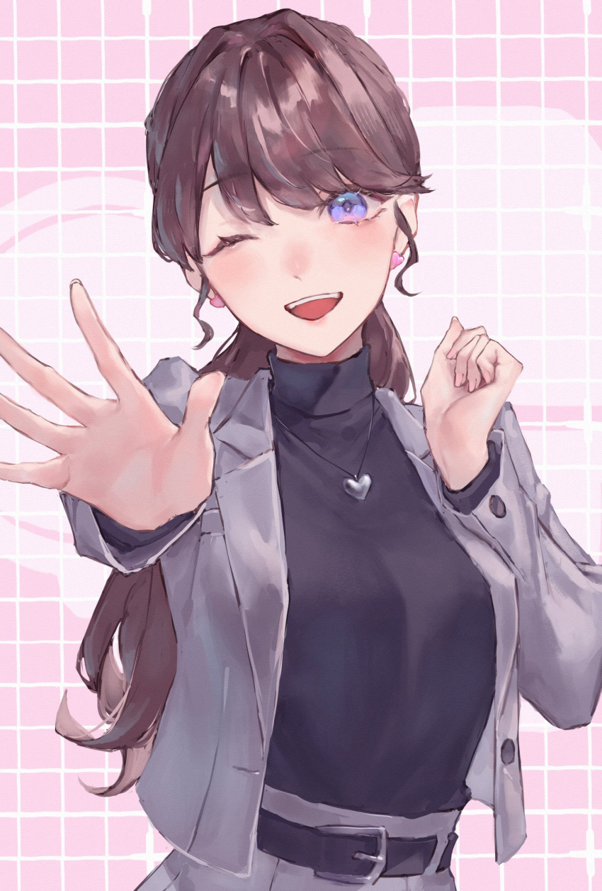 1girl, ;d, arm_up, black_sweater, breasts, brown_hair, clenched_hand, commentary