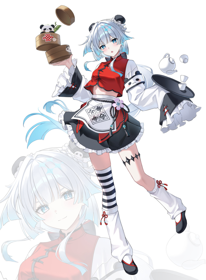 1girl, alternate_costume, alternate_hairstyle, black_shoes, black_skirt, blue_eyes, blue_hair, bun_cover