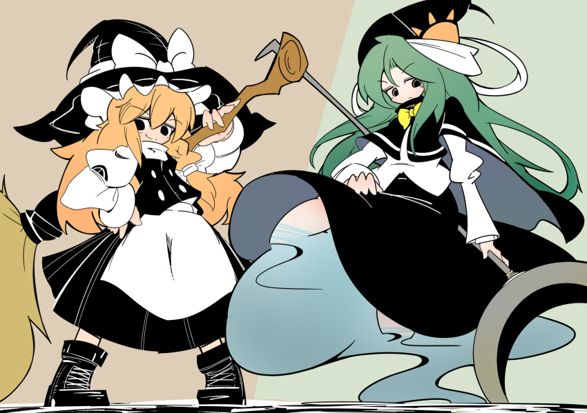 2girls, apron, black_boots, black_capelet, black_hat, black_shirt, black_skirt, blonde_hair