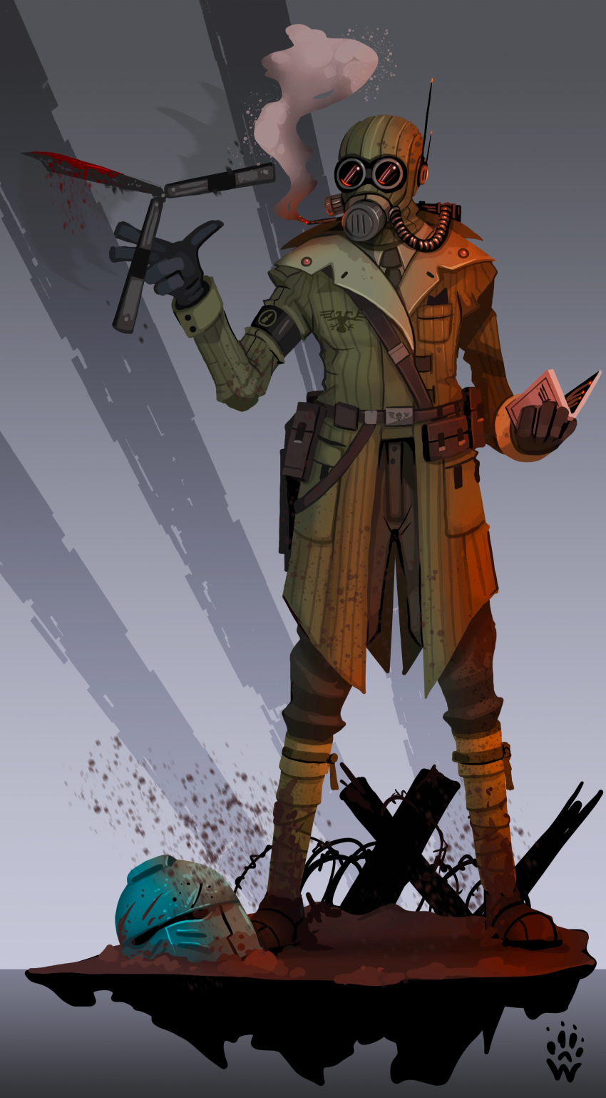 1boy, absurdres, ankle_wrap, aquila_(symbol), armband, armor, artist_logo, balaclava, balisong, barbed_wire, battlefield, belt, belt_buckle, belt_pouch, black_gloves, black_necktie, blood, blood_on_clothes, blood_on_weapon, blood_splatter, blood_stain, breast_pocket, breathing_nozzle, breathing_tube, brown_belt, buckle, cigarette, cigarette_pack, coat, coat_pouch, crossover, czech_hedgehog, death_korps_of_krieg, dirt, dirty, dirty_clothes, dirty_feet, dirty_footwear, dirty_legwear, disguise_kit_(tf2), eye_reflection, full_body, fusion, gas_mask, gas_mask_canister, gloves, gradient_background, green_coat, grey_background, helmet, highres, hose_nozzle, imperial_aquila, imperium_of_man, knife, leg_wrap, logo, mask, military_uniform, mud, necktie, obscured_eyes, pocket, pocket_square, pouch, power_armor, radio_antenna, red_light, reflection, science_fiction, smoke, smoking, smoking_through_mask, soldier, solo, spy_(tf2), striped_coat, team_fortress_2, trench_coat, unworn_headwear, unworn_helmet, warhammer_40k, weapon, wolfdawg_art