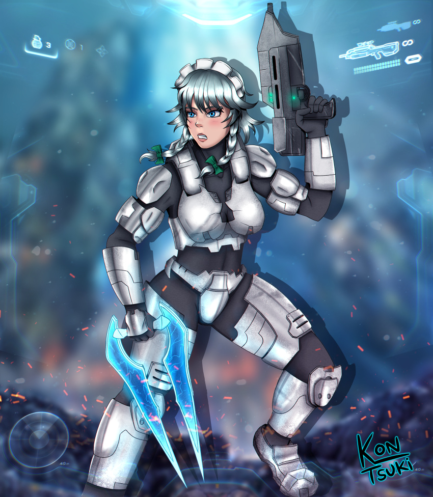 absurdres, armor, assault_rifle, asymmetrical_dual_wielding, battle_rifle, blue_eyes, bow, br55