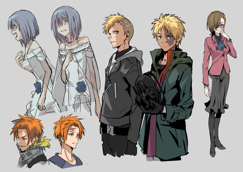 2girls, 3boys, absurdres, anti-eyebrow_piercing, blonde_hair, blue_hair, brothers, burn_scar