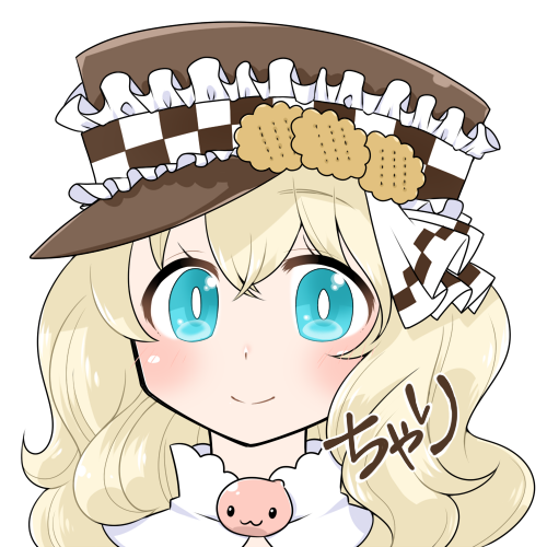 1girl, arch_bishop_(ragnarok_online), blonde_hair, blue_eyes, blush, bright_pupils, brown_hat, closed_mouth, commentary_request, cookie_hat_ornament, hat, long_hair, looking_at_viewer, lowres, oekakipikki, peaked_cap, poring, portrait, ragnarok_online, simple_background, smile, solo, white_background, white_pupils