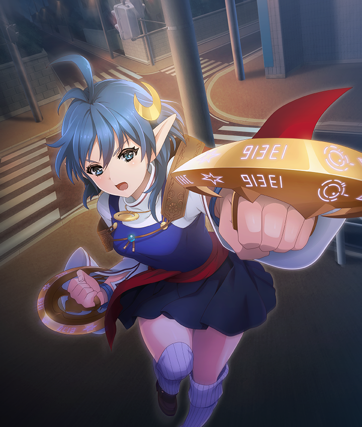 1girl, blue_eyes, blue_hair, cape, crescent, crescent_hair_ornament, foot_out_of_frame, hair_ornament, holding, holding_weapon, looking_at_viewer, open_mouth, outdoors, pointy_ears, red_cape, rena_lanford, short_hair, skirt, solo, star_ocean, star_ocean:_anamnesis, star_ocean:_the_second_story, thigh-highs, toji_no_miko, toji_no_miko:_kizamishi_issen_no_tomoshibi, weapon