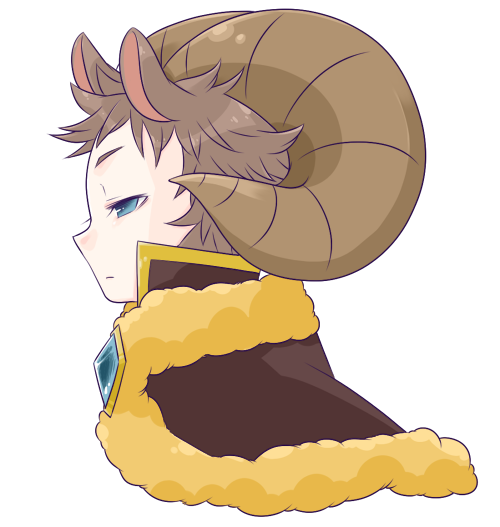 1boy, animal_ears, blue_eyes, blue_gemstone, brown_cape, brown_hair, brown_horns, cape