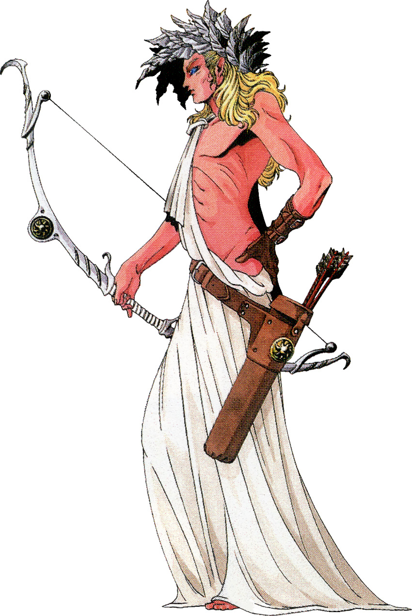 1boy, apollo_(megami_tensei), archery_shooting_glove, arrow_(projectile), artist_request, blonde_hair, blue_eyes, bow_(weapon), demon_(megami_tensei), gloves, hand_on_own_hip, highres, holding, holding_bow_(weapon), holding_weapon, kyuuyaku_megami_tensei, laurel_crown, official_art, partially_fingerless_gloves, quiver, shin_megami_tensei, single_glove, solo, third-party_source, toga, weapon