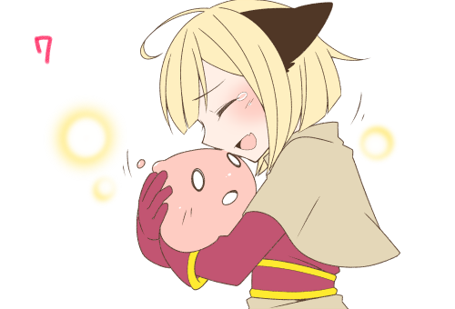 1girl, acolyte_(ragnarok_online), ahoge, animal_ears, blonde_hair, blunt_bangs, blush, brown_capelet