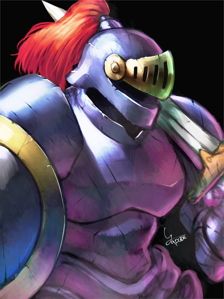 asymmetrical_dual_wielding, black_background, commentary_request, creature, creature_focus, dragon_quest, dual_wielding, helmet