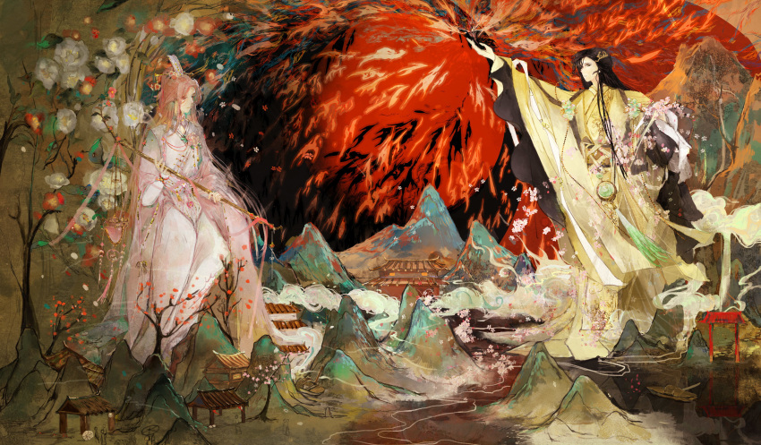 2boys, absurdres, architecture, black_hair, boat, bridal_gauntlets, brown_background, brown_sash