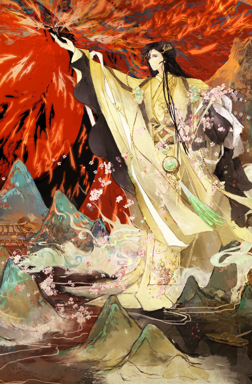 1boy, architecture, black_hair, boat, brown_sash, cape, cherry_blossoms, chinese_clothes