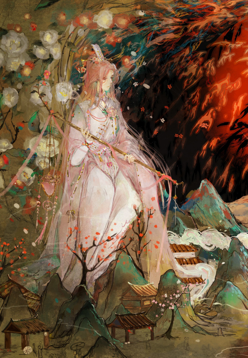 1boy, architecture, bridal_gauntlets, brown_background, camellia, cherry_blossoms, chinese_clothes, chinese_commentary