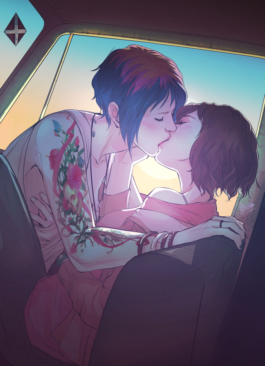 2girls, absurdres, afterlaughs, arm_tattoo, blue_hair, bracelet, brown_hair, car_interior