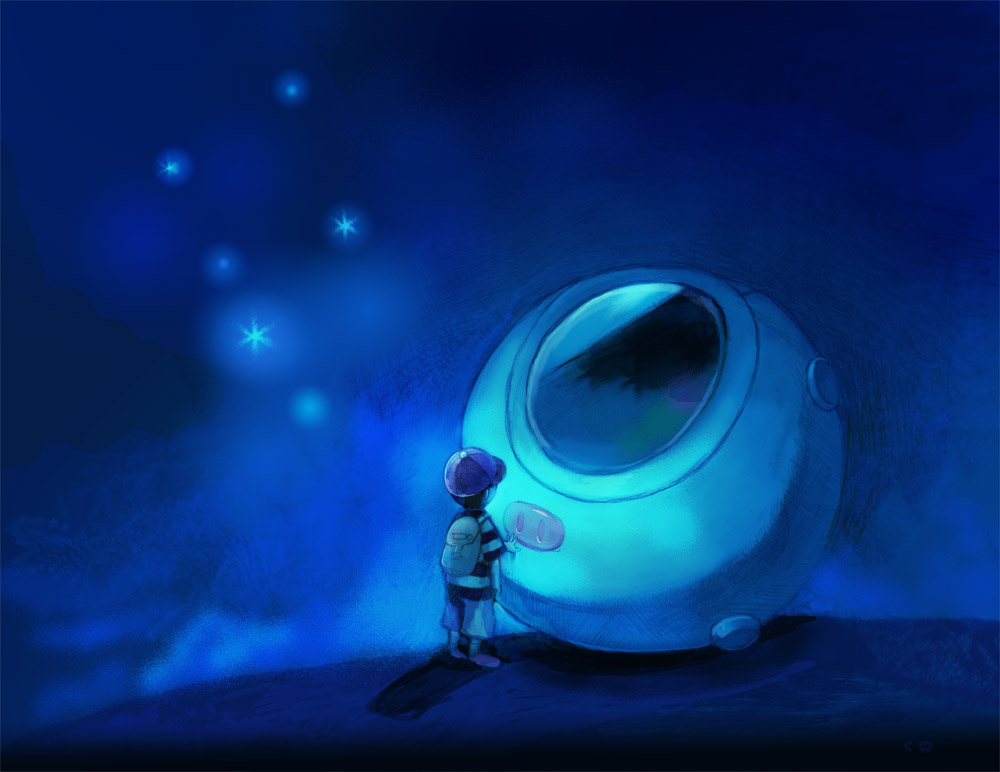 backpack, bag, black_hair, cap, capsule, child, dark, from_behind, hat, konazatou, male, mother_(game), mother_2, mother_3, ness, night, randoseru, shirt, shorts, sky, solo, star, star_(sky), starry_sky, striped, striped_shirt, time_paradox