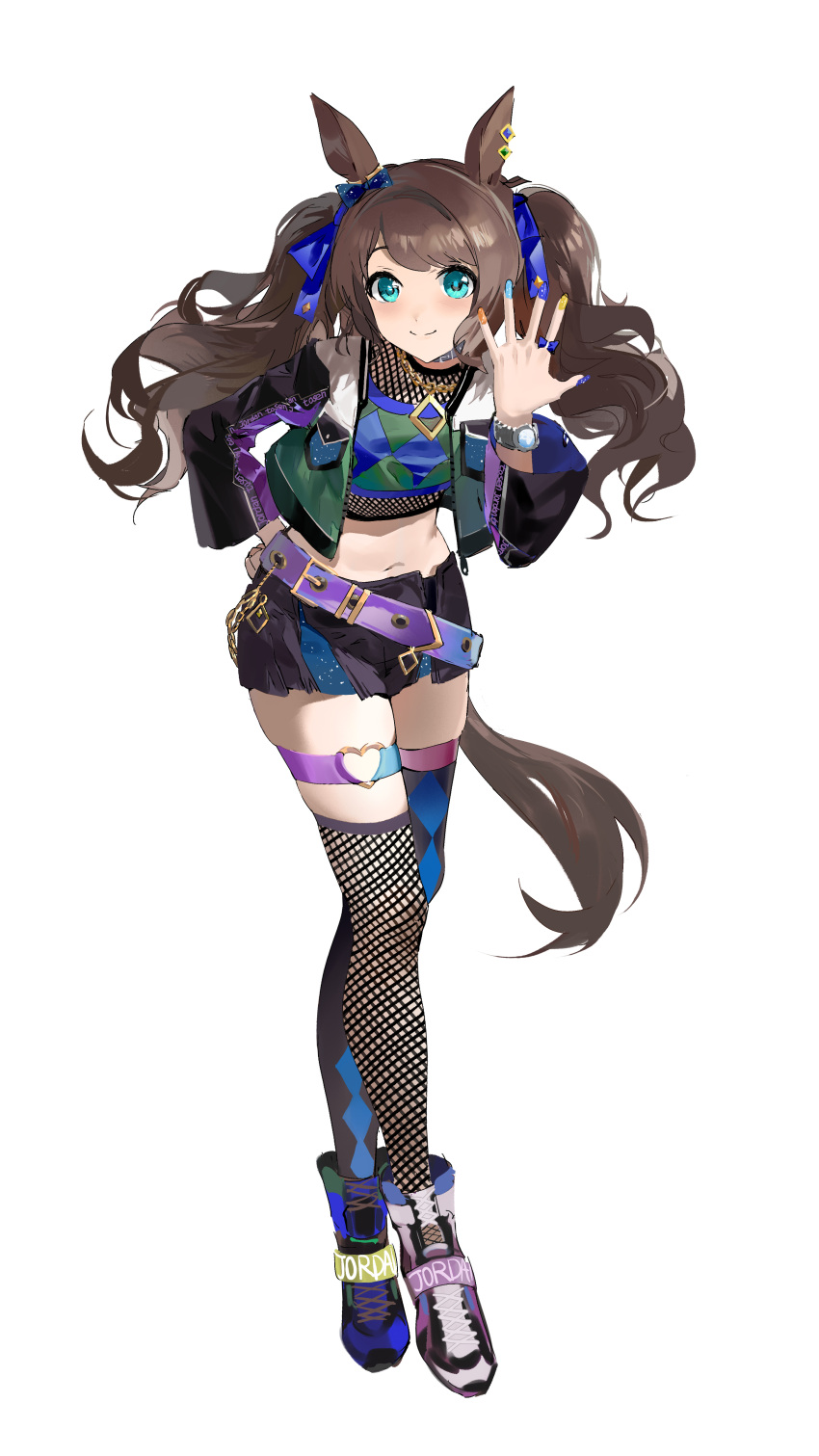 1girl, absurdres, animal_ears, asymmetrical_legwear, black_jacket, black_skirt, black_thighhighs, blue_eyes