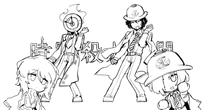 1boy, 1other, 2girls, belt, chinese_commentary, chinese_text, clock, closed_eyes