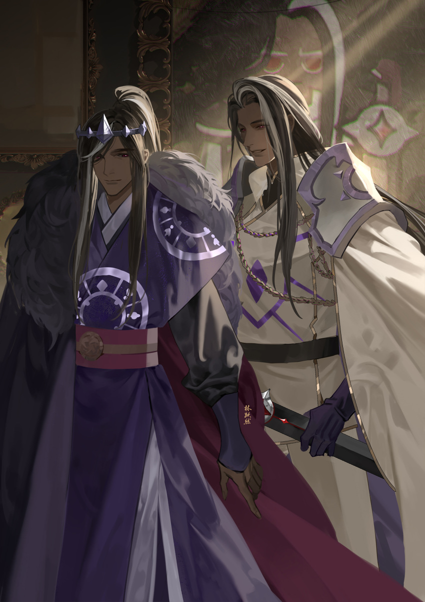 2boys, aiguillette, arm_at_side, armor, belt, black_belt, black_gloves, black_hair