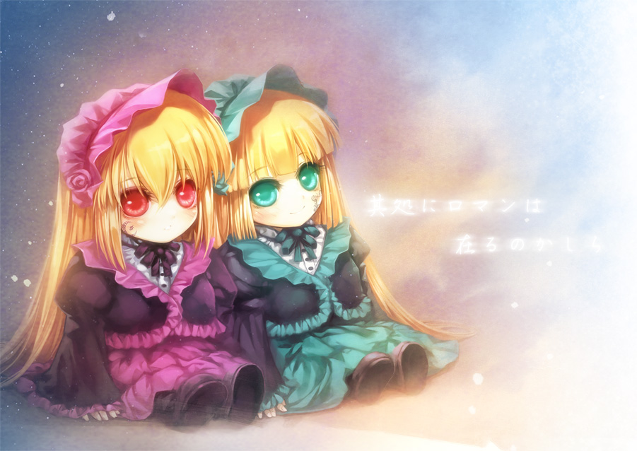 2girls, :o, \||/, accurate_lolita_coord, aqua_eyes, black_shirt, blonde_hair, blunt_bangs