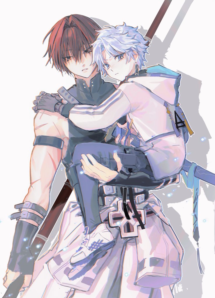 2boys, armband, black_eyes, blue_eyes, carrying, child_carry, earrings, fate/grand_order