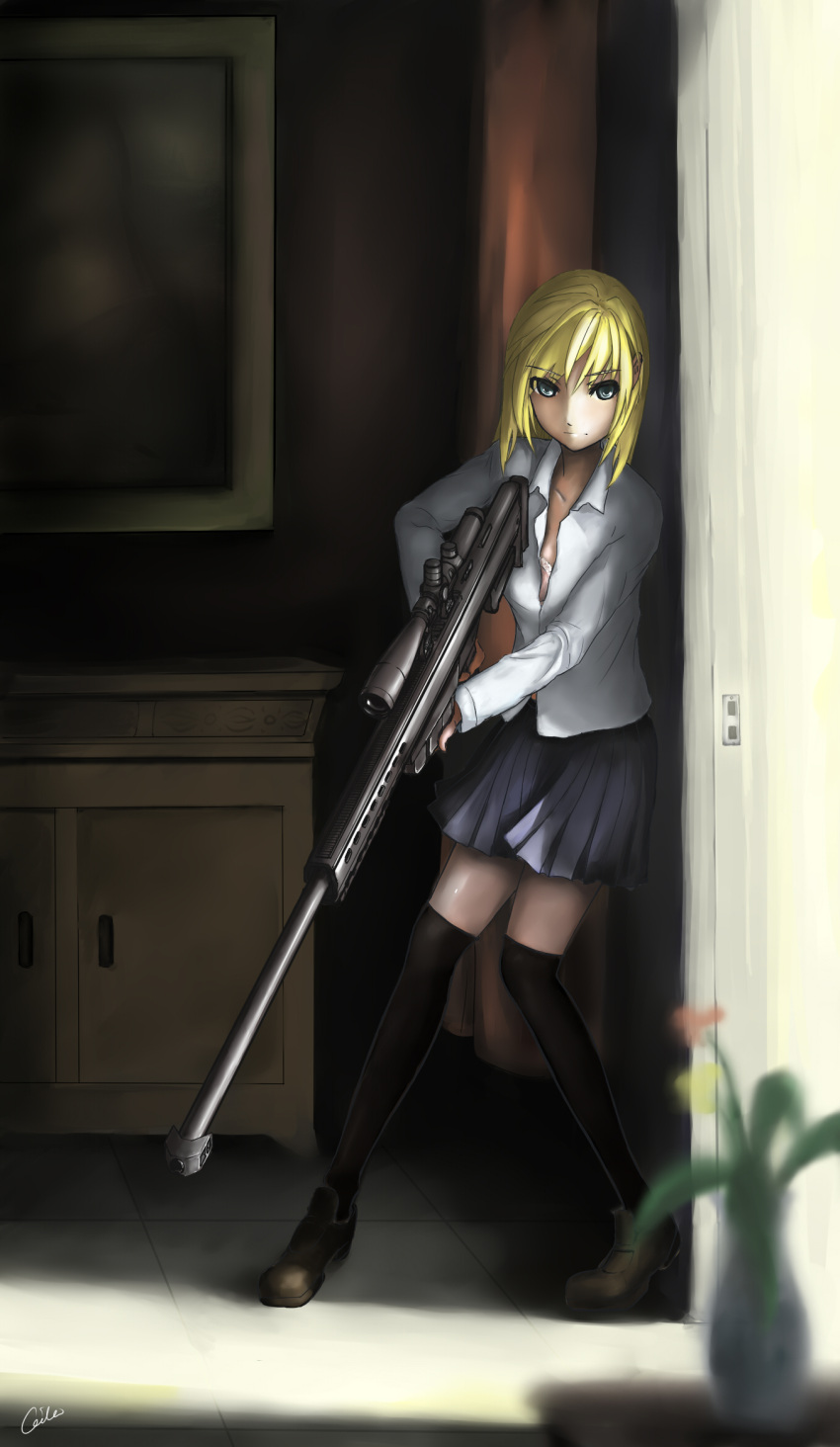 anti-material_rifle, anti-materiel_rifle, barrett_m82, blonde_hair, blue_eyes, bra, ceila, gun