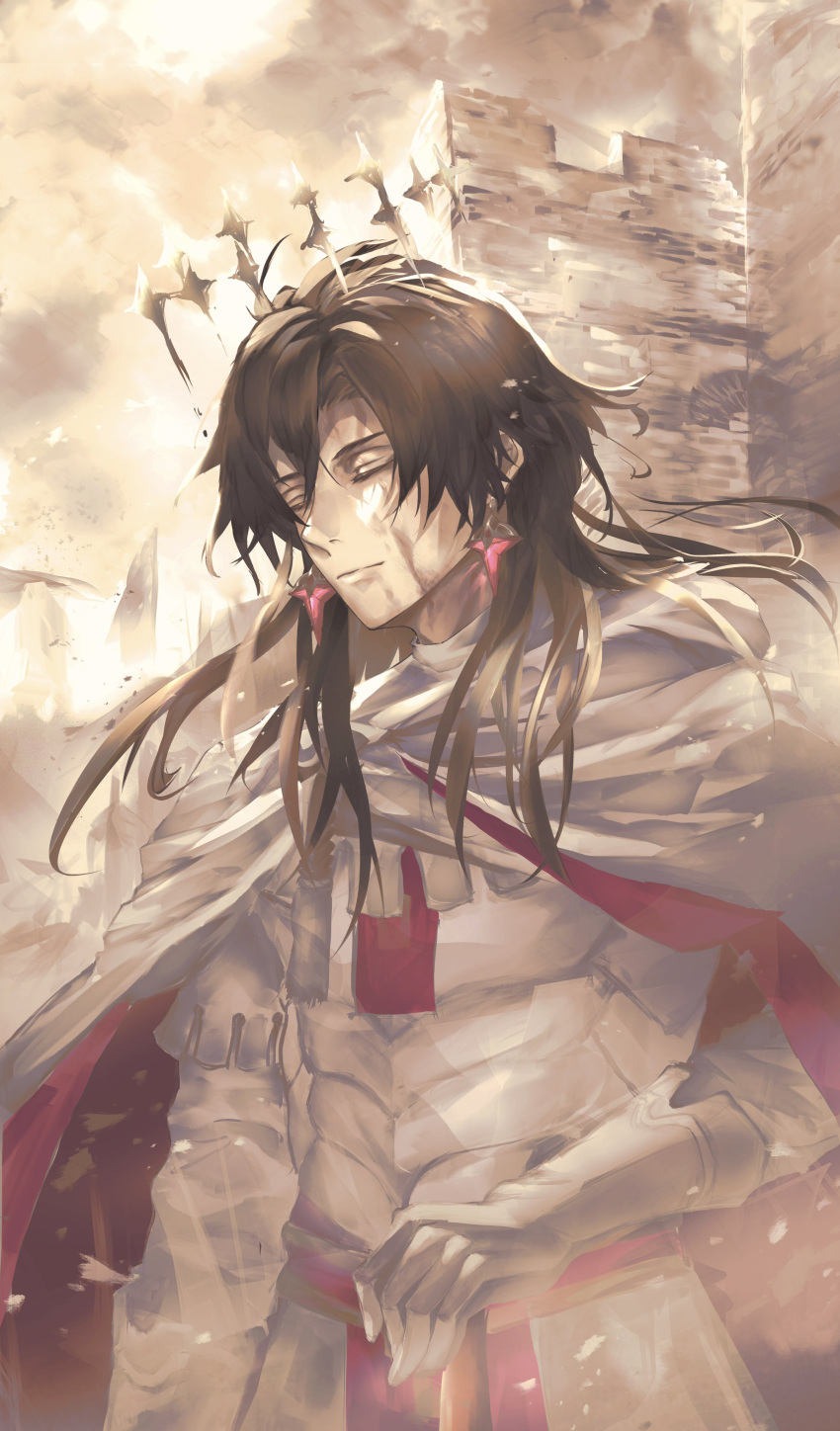 1boy, absurdres, armor, black_hair, blood, blood_on_face, bon_0118, cloak, closed_eyes, constantine_xi_(fate), constantine_xi_(third_ascension)_(fate), day, earrings, fate/grand_order, fate_(series), gloves, grey_sky, hair_between_eyes, halo, hand_on_hilt, highres, jewelry, long_hair, male_focus, outdoors, sky, solo, white_armor, white_cloak