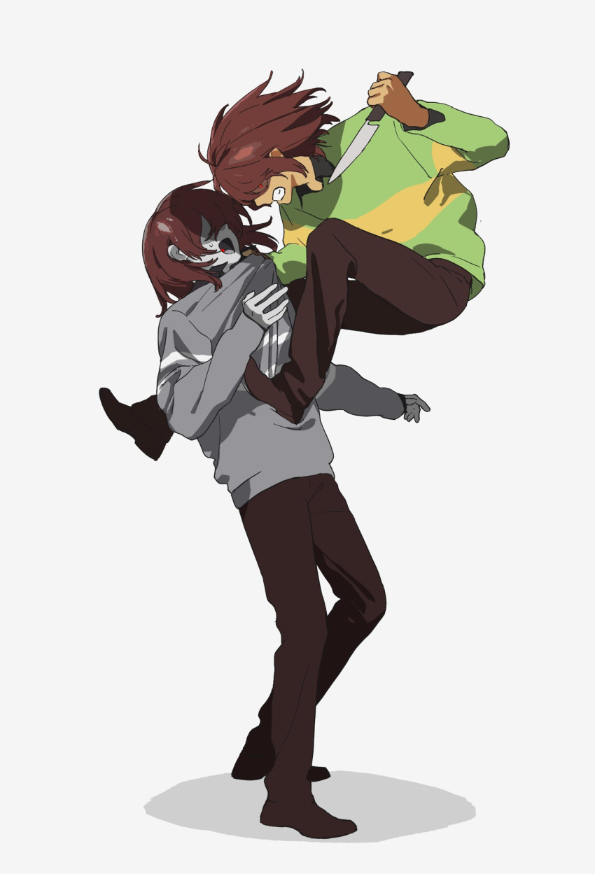2others, ahoge, brown_hair, brown_pants, brown_shoes, clenched_teeth, clothes_grab, colored_skin