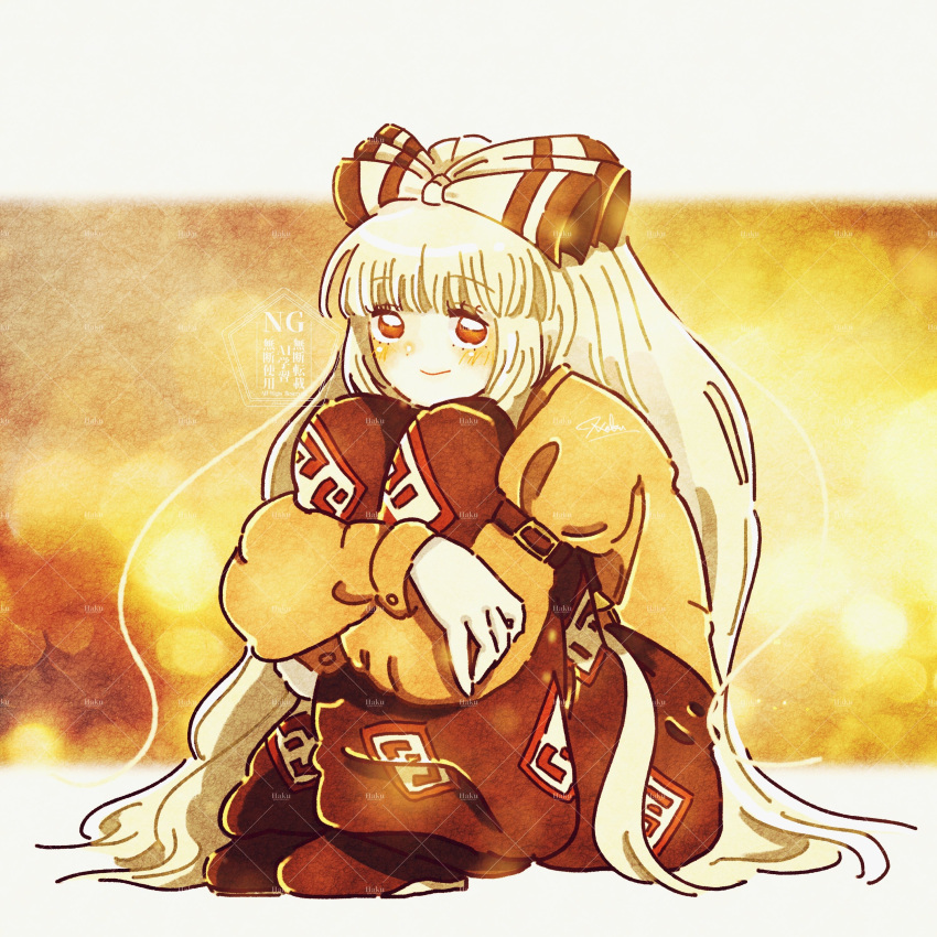 1girl, absurdres, armband, bow, commentary_request, fujiwara_no_mokou, full_body, hair_bow, hakunemui, highres, hugging_own_legs, long_hair, looking_at_viewer, pants, red_eyes, red_pants, red_theme, signature, smile, solo, touhou, white_hair