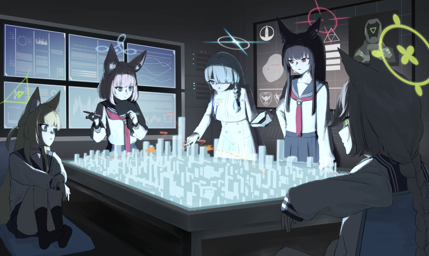 5girls, absurdres, animal_ear_fluff, animal_ears, black_hair, black_sailor_collar, blue_archive, blue_eyes