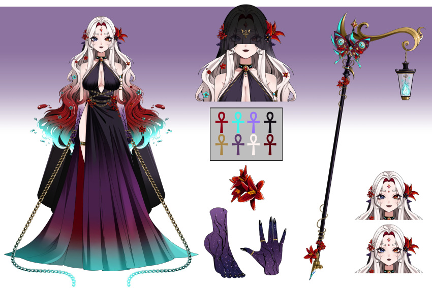 absurdres, ankh, aqua_dress, aqua_hair, black_dress, black_nails, black_veil, blue_eyes, carol_(lilum), chain, dress, flower, frorinha, gradient_clothes, gradient_dress, gradient_hair, hair_flower, hair_ornament, halterneck, heterochromia, highres, lamp, lily_(flower), multicolored_hair, orange_eyes, original, portuguese_commentary, purple_dress, purple_hands, red_hair, reference_sheet, scepter, veil, white_hair