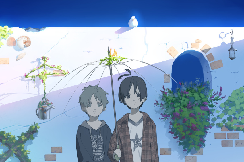 ahoge, bird, broken_umbrella, brown_hair, character_request, flower, grey_hair, hana_bell_forest