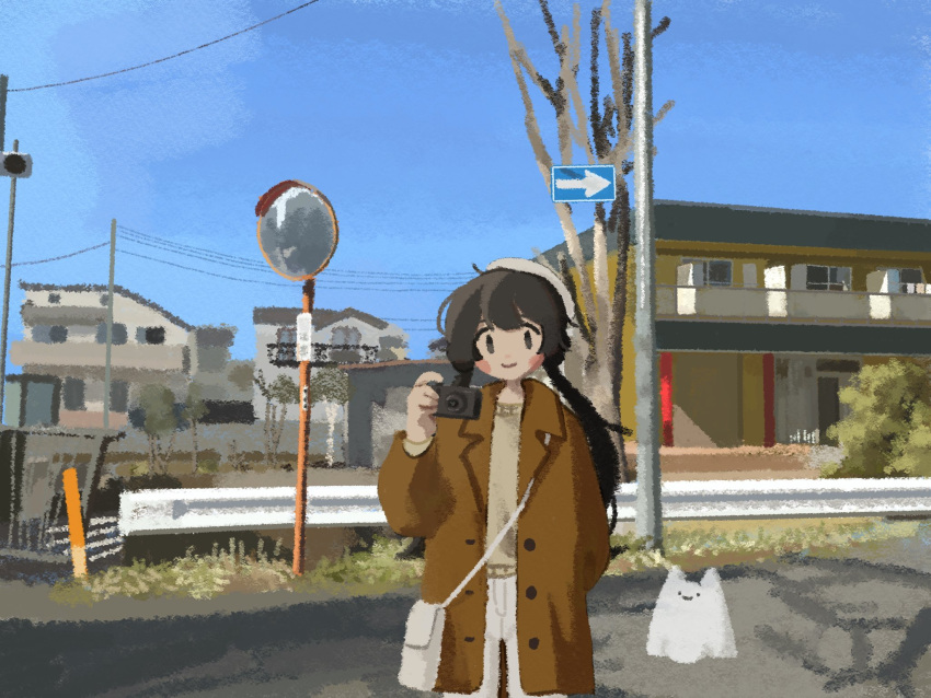 1girl, arm_behind_back, bag, bare_tree, beret, black_hair, blue_sky, blush_stickers, brown_coat, building, bush, camera, coat, hat, highres, holding, holding_camera, kyora-chan_(kyora_san), kyora_san, lapels, low_twintails, notched_lapels, open_clothes, open_coat, original, pants, power_lines, sheet_ghost, sky, smile, solo, traffic_mirror, tree, twintails, white_bag, white_hat, white_pants