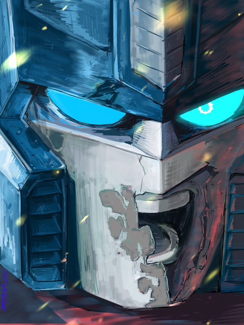 blue_eyes, broken_mask, close-up, dated, glowing, glowing_eye, highres, mask, mecha, mecha_focus, no_humans, optimus_prime, robot, screaming, signature, transformers, yultbtikw9mdwtq