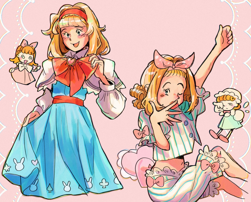 1girl, alice_margatroid, arm_up, blonde_hair, blue_dress, blue_shirt, blue_shorts, bow