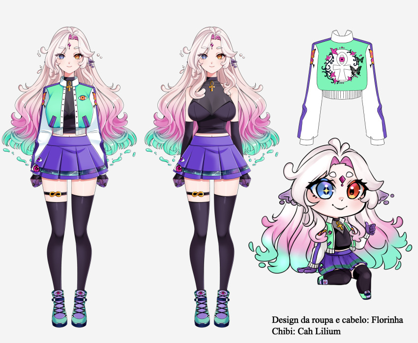 absurdres, ankh_necklace, aqua_hair, aqua_shoes, black_nails, black_thighhighs, carol_(lilum), chibi, forehead_jewel, frorinha, highres, jacket, lilum, miniskirt, original, pink_hair, purple_hands, purple_skirt, reference_sheet, second-party_source, shoes, skirt, thigh-highs, thigh_strap