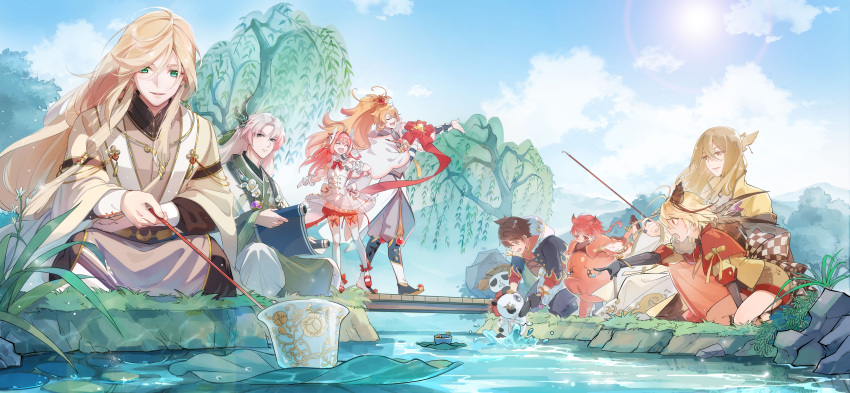 6+boys, :d, :o, ^_^, absurdres, animal, ankle_bow, antenna_hair