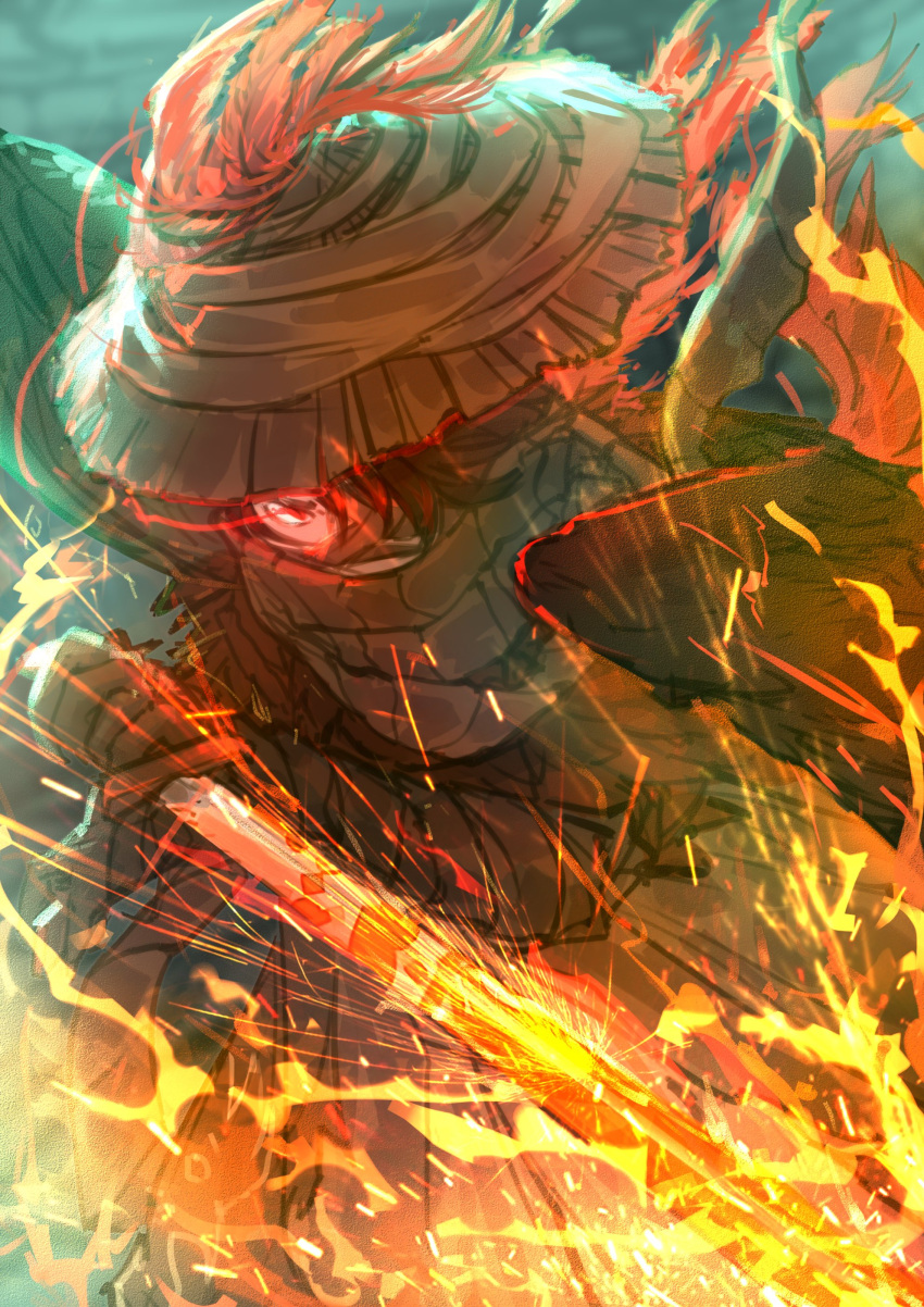1boy, absurdres, bandage_over_one_eye, bird_boy, bird_wings, brown_scarf, brown_wings, buzaii, cowboy_shot, feathers, fire, hat, heathcliff_(project_moon), heishou_pack-you_branch_(identity)_(project_moon), highres, holding, holding_sword, holding_weapon, limbus_company, looking_at_viewer, project_moon, red_feathers, rice_hat, scarf, solo, sparks, sword, weapon, wings