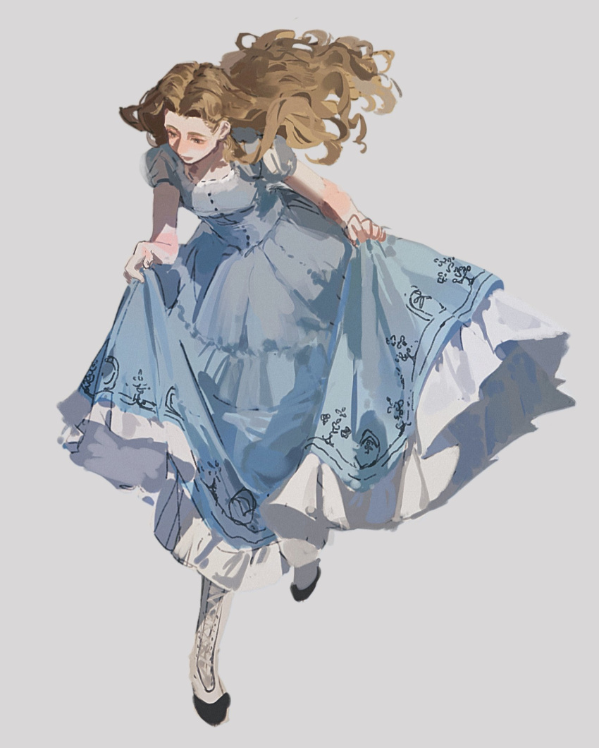 1girl, alice's_adventures_in_wonderland, alice_(alice_in_wonderland), blonde_hair, blue_dress, boots, brown_eyes, dress, frilled_dress, frills, full_body, highres, hiiragimare, long_hair, looking_down, open_mouth, puffy_sleeves, short_sleeves, simple_background, sketch, skirt_hold, smile, solo, white_background, white_boots