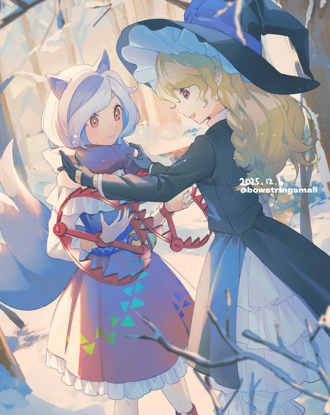 2girls, :d, adjusting_another's_clothes, animal_ears, bear_trap, black_gloves, black_jacket, black_skirt