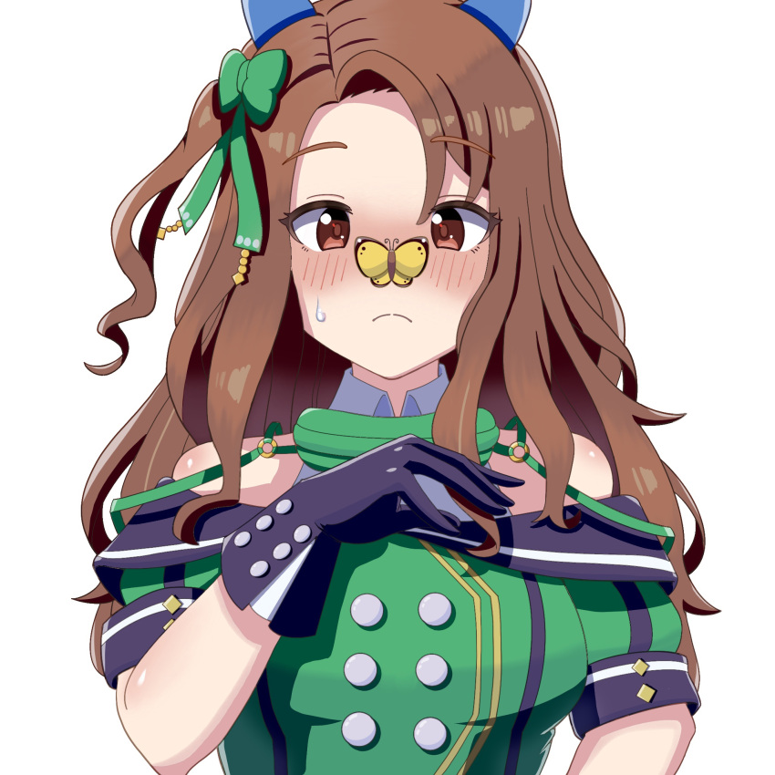 1girl, animal_ears, black_gloves, blush, brown_hair, bug, butterfly, buttons