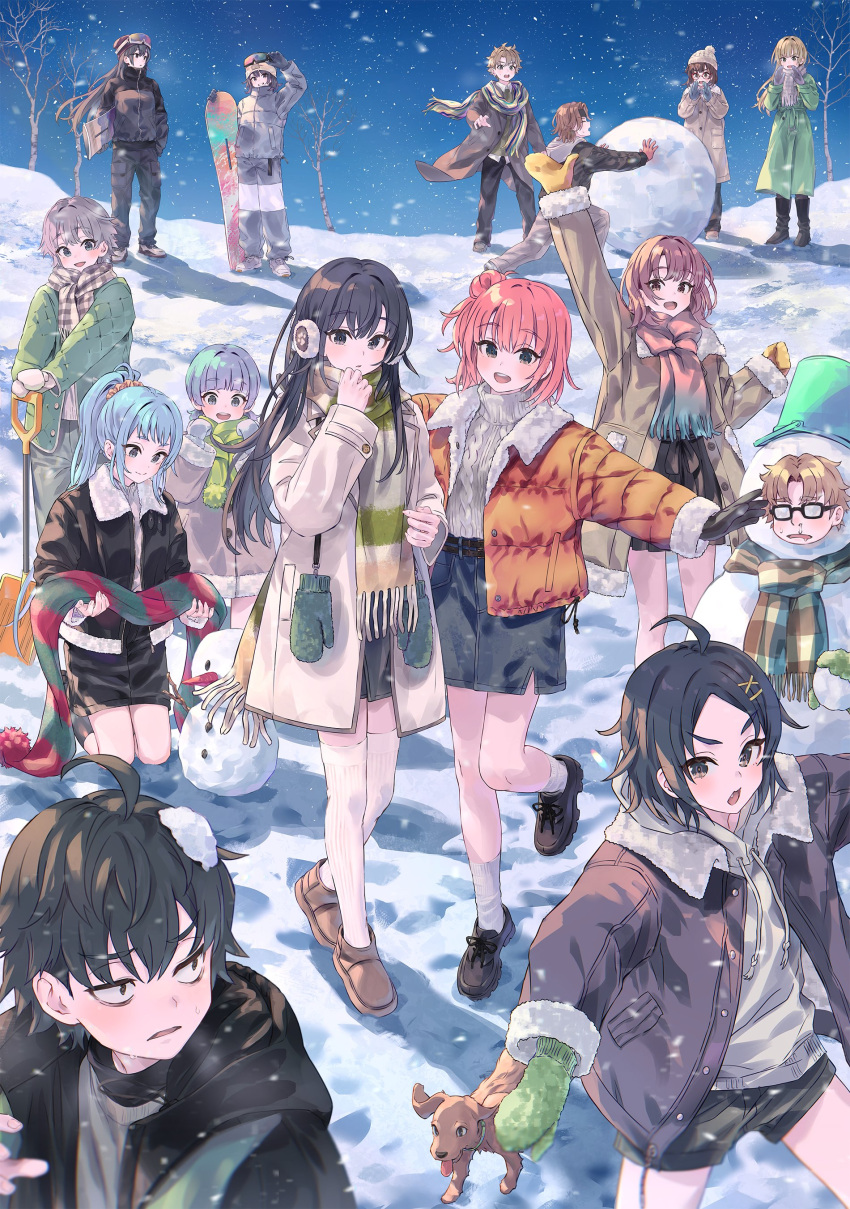 6+boys, 6+girls, absurdres, ahoge, aran_sweater, beanie, black-framed_eyewear, black_eyes, black_gloves, black_hair, black_hoodie, black_jacket, black_shoes, black_skirt, blonde_hair, blunt_bangs, brother_and_sister, brown_hair, brown_shoes, bucket, cable_knit, coat, commentary, dog, drawstring, ebina_hina, everyone, gloves, green_eyes, green_gloves, green_jacket, green_scarf, grey_hair, hair_ornament, hairclip, hat, hayama_hayato, highres, hikigaya_hachiman, hikigaya_komachi, hiratsuka_shizuka, holding, holding_shovel, holding_snowboard, hood, hoodie, isshiki_iroha, jacket, kawasaki_keika, kawasaki_saki, kneeling, long_hair, looking_at_viewer, medium_hair, mittens, miura_yumiko, multiple_boys, multiple_girls, official_artist_extra, orange_jacket, parted_bangs, pink_gloves, pink_hair, plaid_clothes, plaid_scarf, ponkan_8, red_scarf, scarf, shoes, short_hair, shovel, siblings, sisters, skirt, smile, snowball, snowboard, snowing, snowman, socks, standing, striped_clothes, striped_scarf, sweater, symbol-only_commentary, teacher_and_student, thigh-highs, tobe_kakeru, totsuka_saika, tree, vertical-striped_clothes, vertical-striped_scarf, very_long_hair, white_scarf, white_socks, white_thighhighs, winter, x_hair_ornament, yahari_ore_no_seishun_lovecome_wa_machigatteiru., yellow_gloves, yuigahama_yui, yukinoshita_haruno, yukinoshita_yukino, zaimokuza_yoshiteru