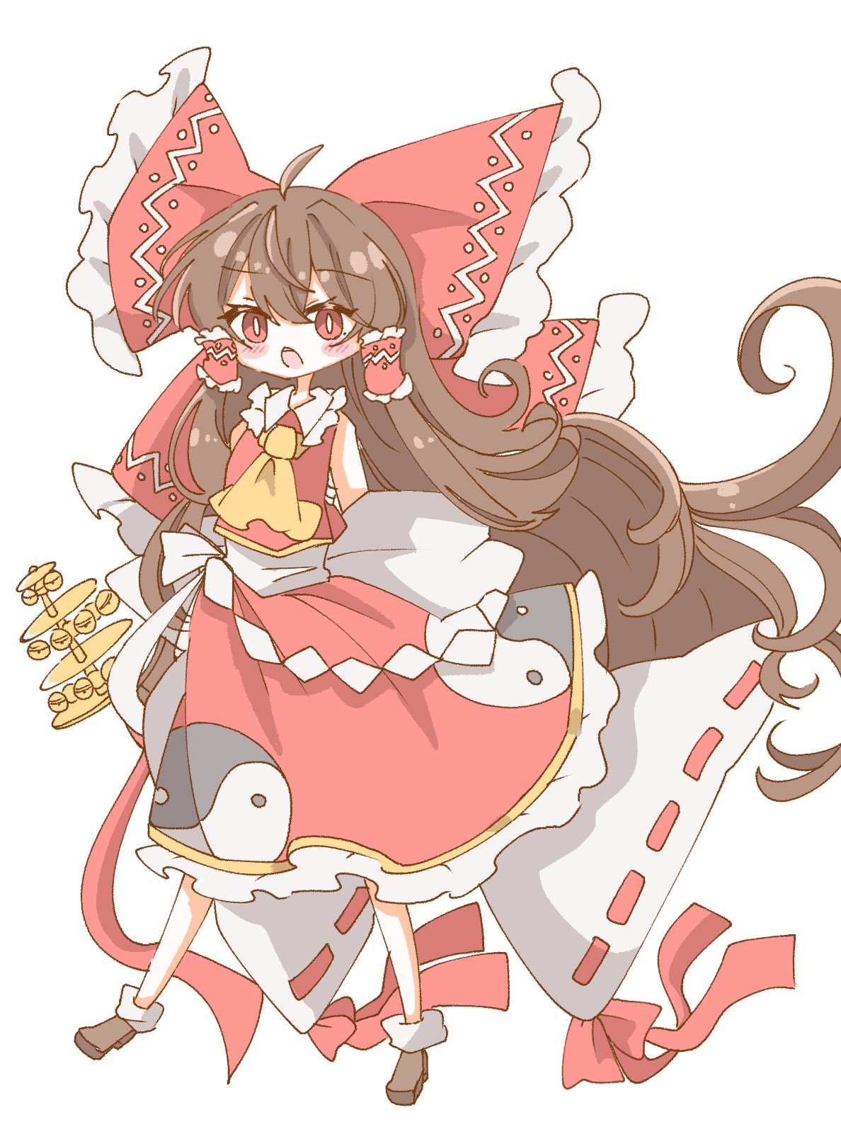 1girl, ahoge, ascot, bell, bow, brown_hair, commentary_request, frilled_bow