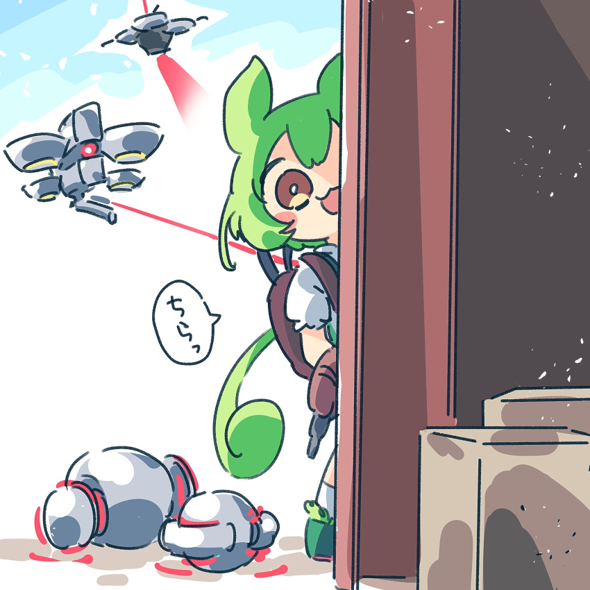 1girl, :3, arc_raiders, ayakashi_(monkeypanch), green_hair, green_shorts, green_suspenders, highres, pea_pod, puffy_shorts, robot, short_hair, shorts, simple_background, suspender_shorts, suspenders, voicevox, white_background, yellow_eyes, zundamon