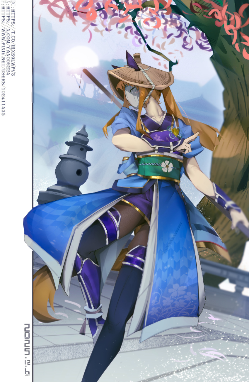 1girl, absurdres, animal_ears, armor, black_pantyhosengreen_sash, black_thighhighs, blue_kimono, bracer