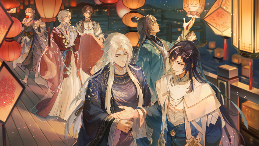 6+boys, absurdres, aqua_coat, black_hair, black_pants, black_shirt, blue_hanfu, boots, brown_hair, bu_ye, candy_apple, chinese_clothes, chinese_commentary, choker, closed_eyes, closed_mouth, coat, curtained_hair, earrings, food, full_body, ginkgo_leaf, gold_earrings, hair_between_eyes, hair_over_shoulder, hand_up, hanfu, highres, holding, holding_candy_apple, holding_food, holding_paper, hua_yi_shanxin_zhiyue, jewelry, lantern, lantern_on_liquid, leaf, leaf_ornament, light_particles, ling_yan_ru, long_hair, long_sleeves, looking_at_another, looking_at_object, looking_to_the_side, looking_up, male_focus, monocle, multicolored_hair, multiple_boys, neck_tassel, night, open_clothes, open_coat, pants, pants_tucked_in, paper, paper_lantern, parted_bangs, parted_lips, profile, railing, red_coat, red_eyes, robe, shirt, sleeves_past_fingers, sleeves_past_wrists, smile, standing, streaked_hair, sweater_guard, talking, tassel, tiny_(0v0), topknot, upper_body, very_long_hair, water, wen_siyu, white_boots, white_choker, white_hair, white_hanfu, white_robe, wide_sleeves, wing_print, wooden_floor, xiao_guan_(headdress), xie_xingyi, yan_qianxiao, yu_ze, yuanlingpao