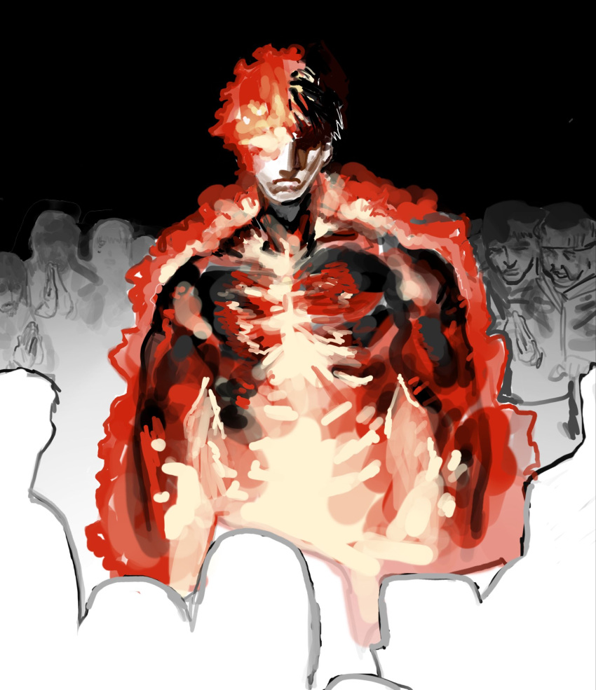 1boy, agni_(fire_punch), black_hair, burning, crowd, eyes_in_shadow, fire, fire_punch